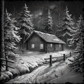 Log cabin in a snowy forest at night