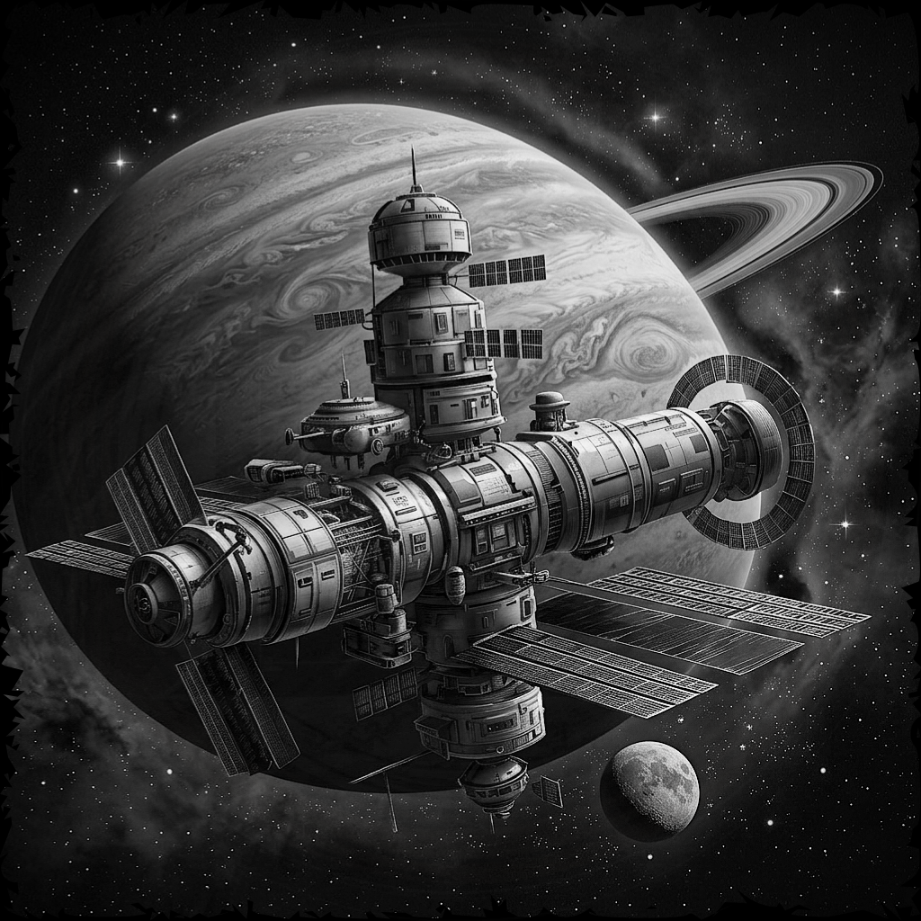 Space station with planets and stars in the background