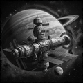 Space station with planets and stars in the background