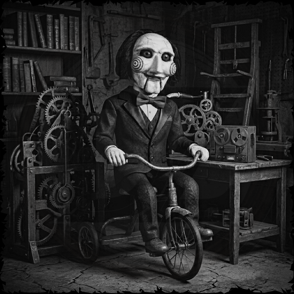 Person wearing a mask and suit sitting on a tricycle in a room with mechanical elements.