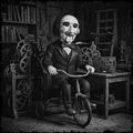 Person wearing a mask and suit sitting on a tricycle in a room with mechanical elements.