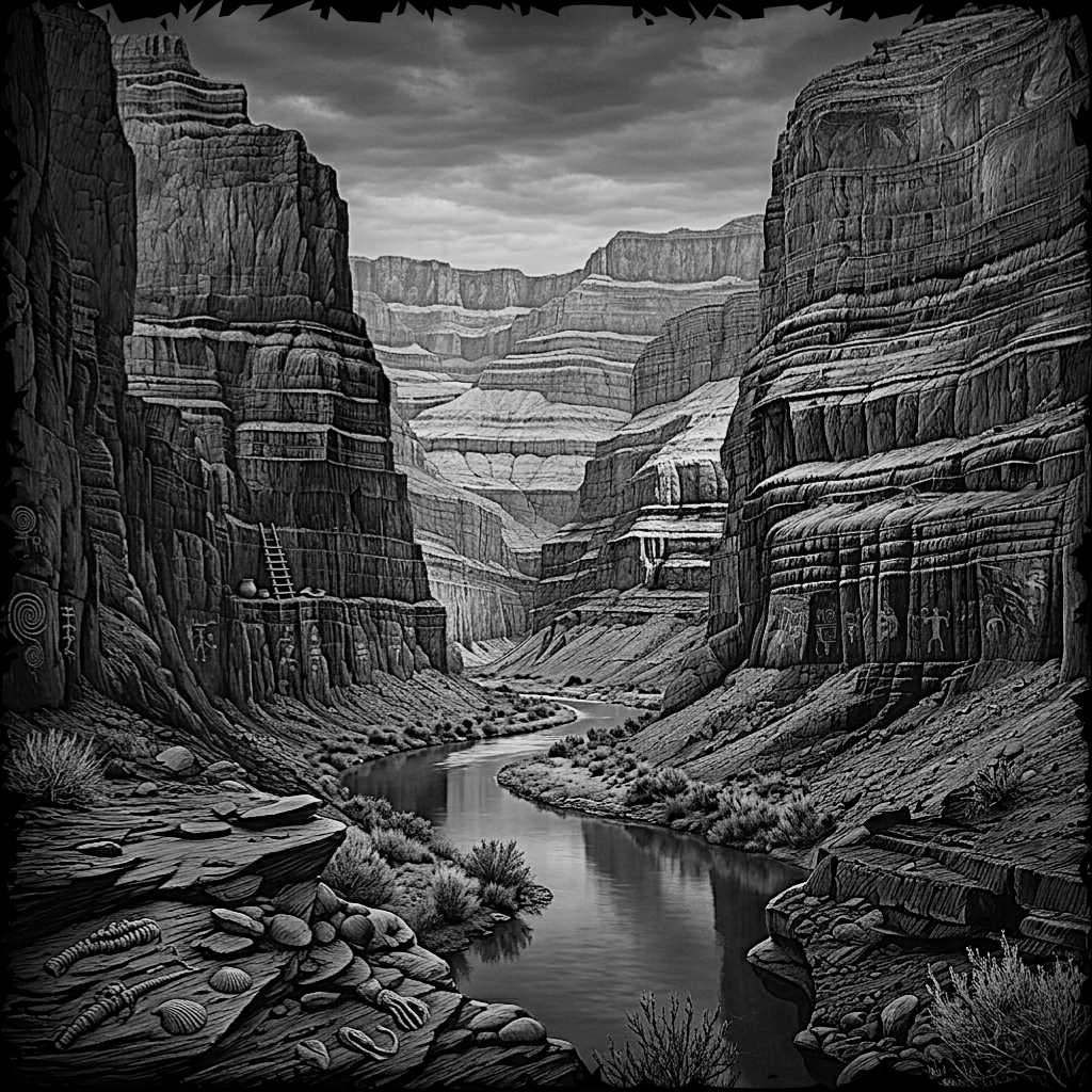 Black and white illustration of a canyon with a river and cliffs.