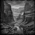 Black and white illustration of a canyon with a river and cliffs.