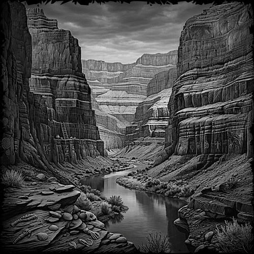 Black and white illustration of a canyon with a river and cliffs.