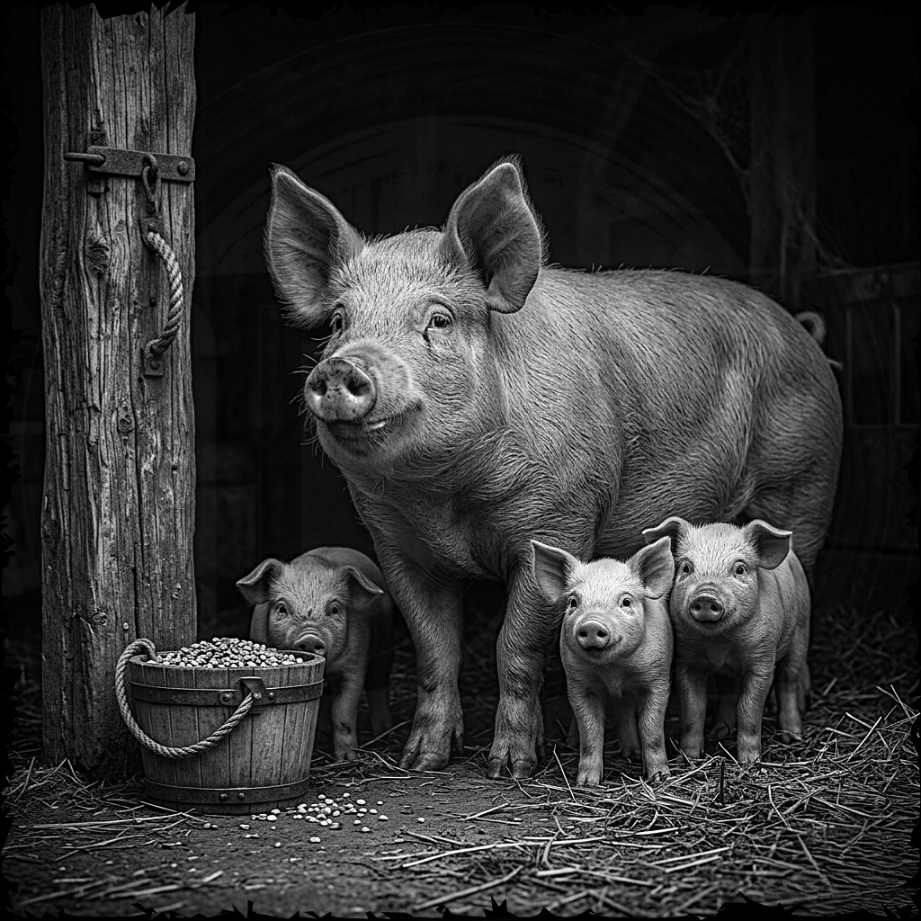 Black and white photo of a sow with three piglets in a barn setting.