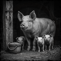 Black and white photo of a sow with three piglets in a barn setting.