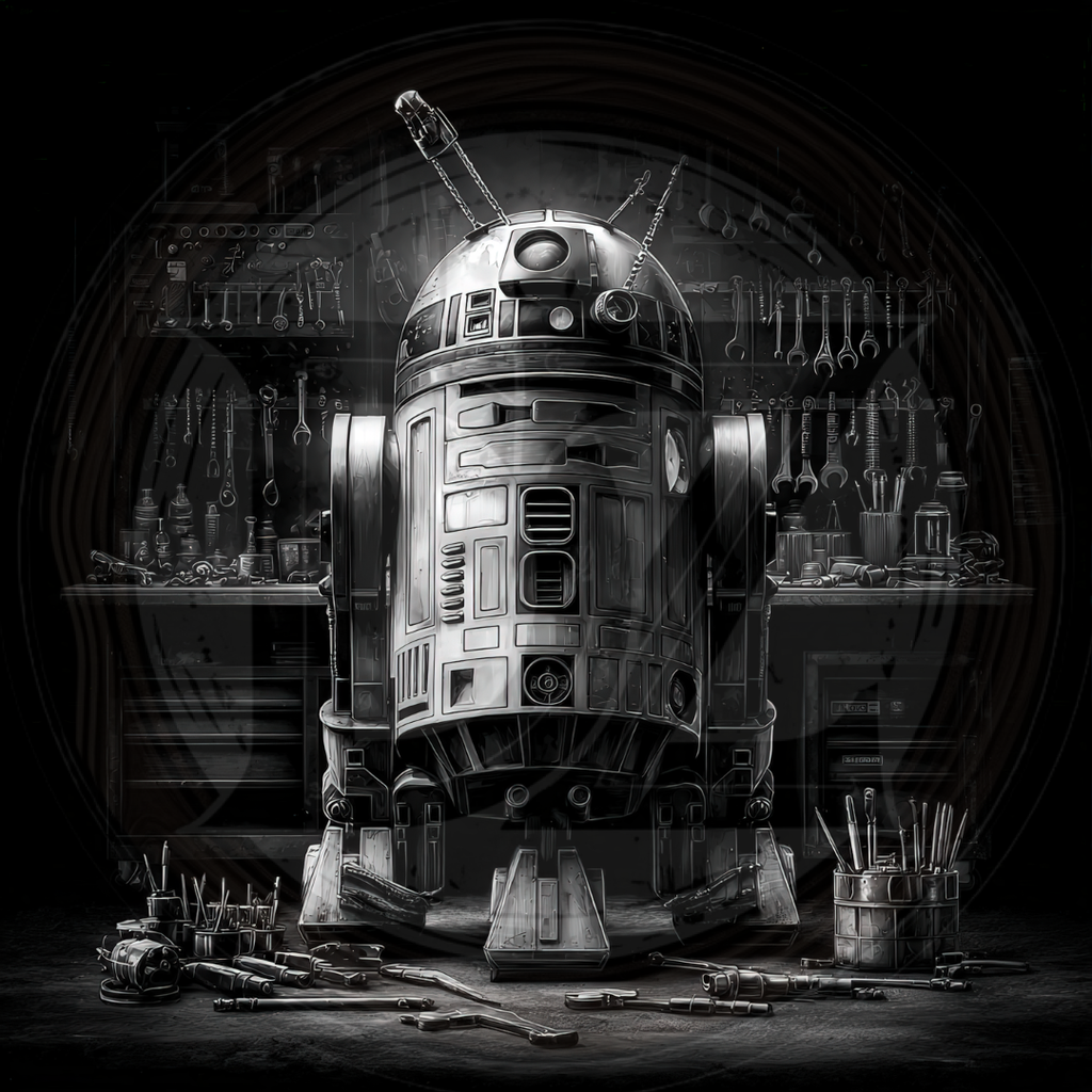 Vintage-style robot in a workshop with tools and equipment.