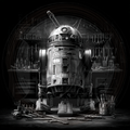 Vintage-style robot in a workshop with tools and equipment.