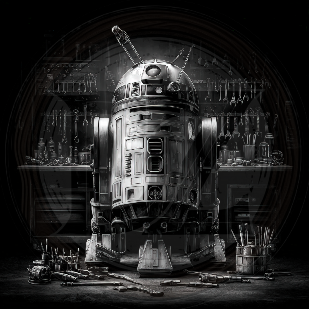 Vintage-style robot in a workshop with tools and equipment.
