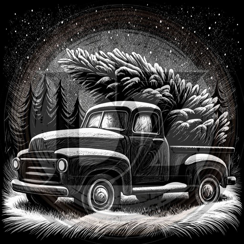 Vintage truck with a Christmas tree in a snowy forest scene