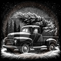 Vintage truck with a Christmas tree in a snowy forest scene