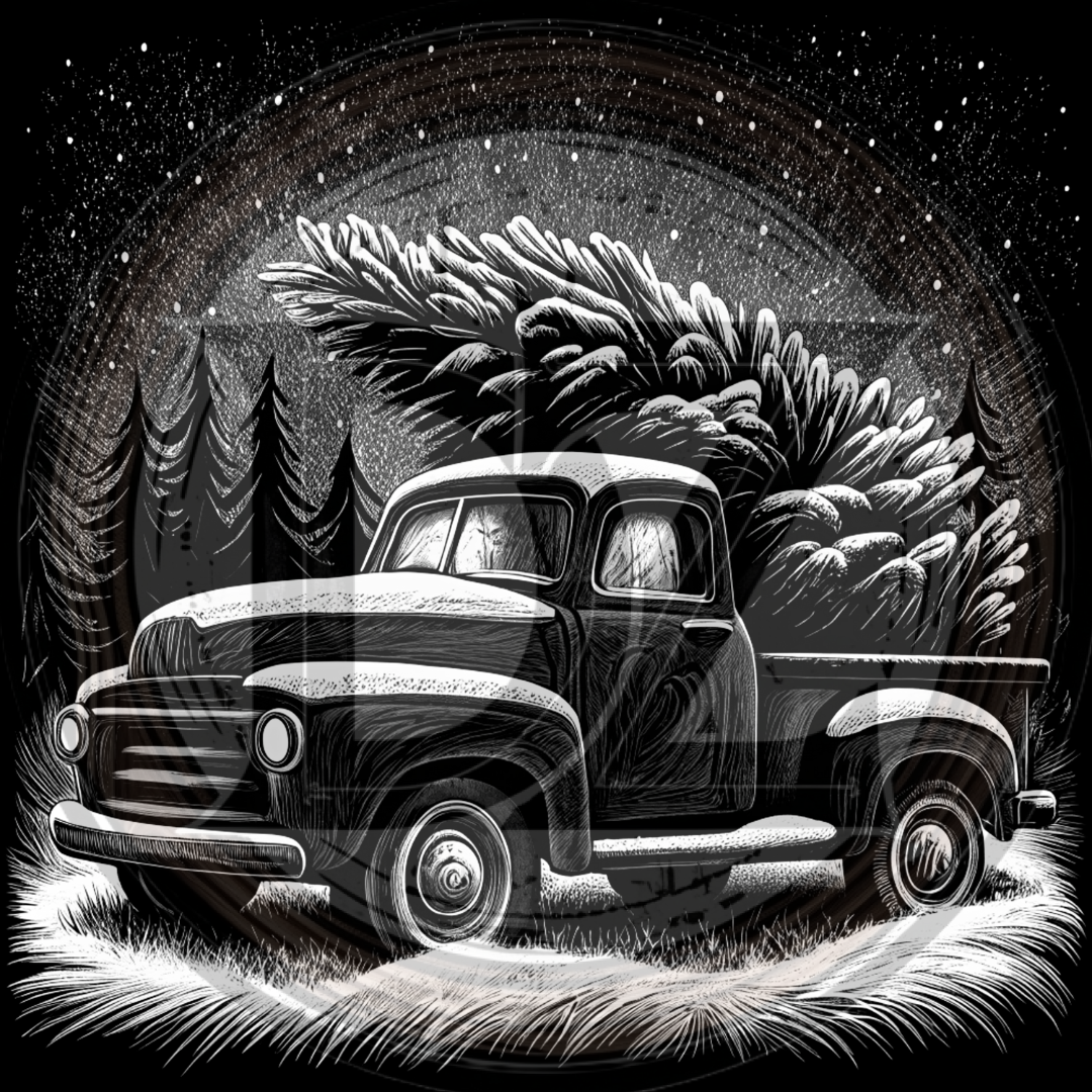 Vintage truck with a Christmas tree in a snowy forest scene