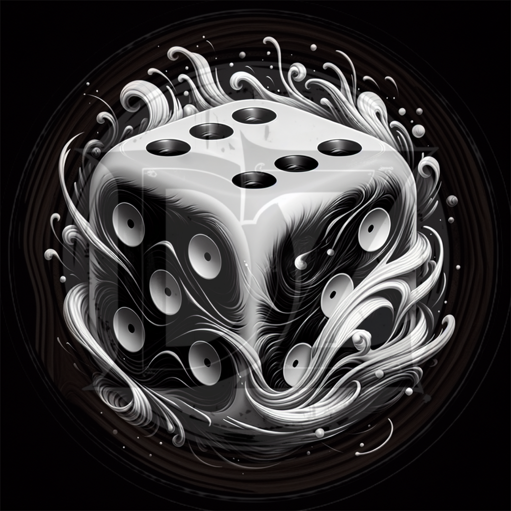Decorative illustration of a dice with artistic flourishes on a dark background