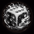Decorative illustration of a dice with artistic flourishes on a dark background