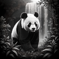 Panda bear in a forest with a waterfall in the background