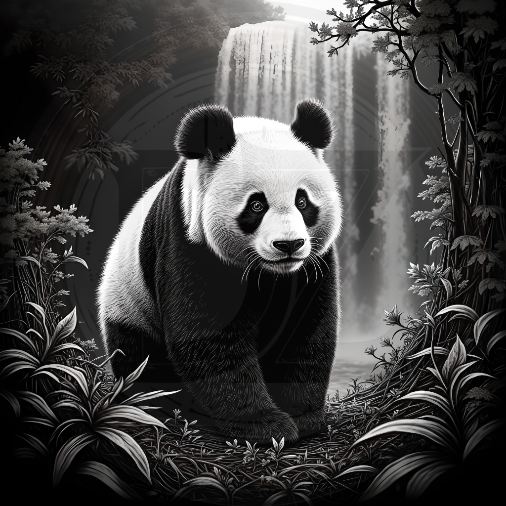Panda bear in a forest with a waterfall in the background