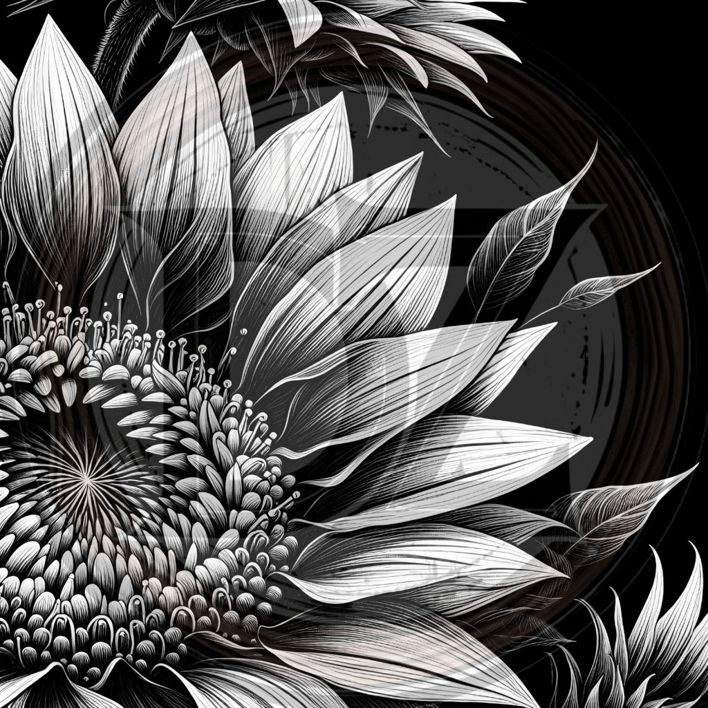Black and white illustration of a sunflower with detailed leaves on a dark background