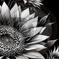 Black and white illustration of a sunflower with detailed leaves on a dark background