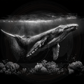 Black and white image of a whale underwater