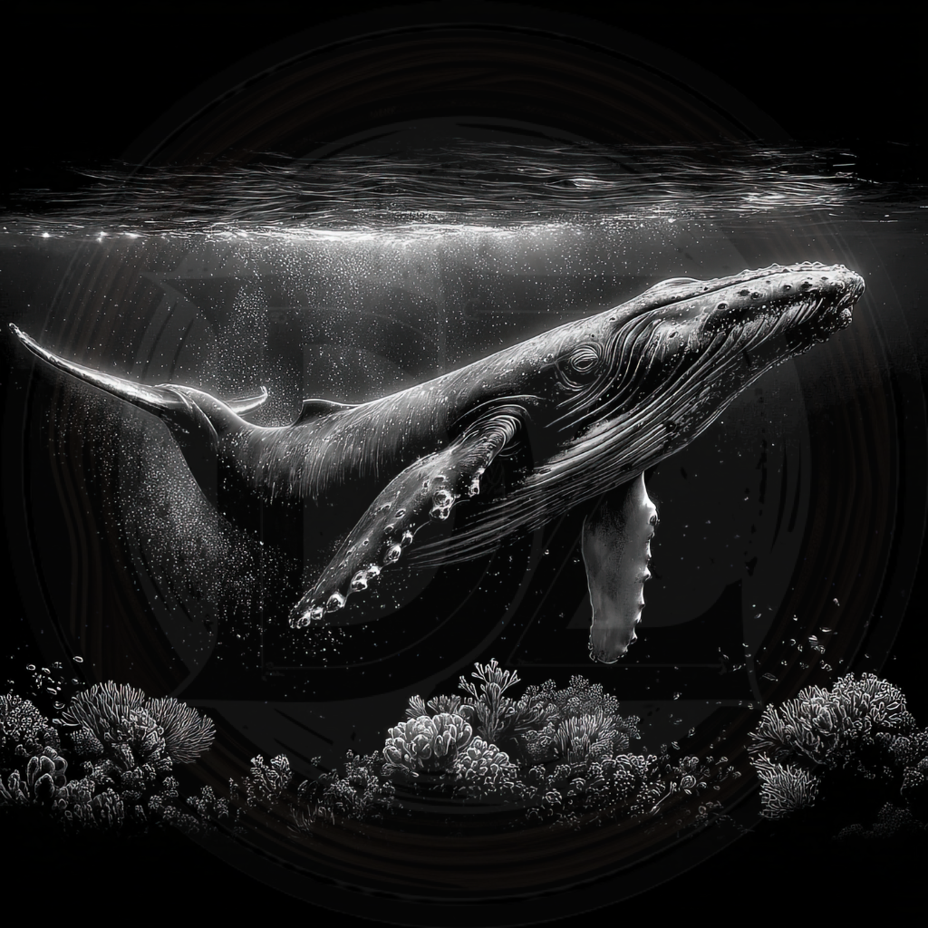 Black and white image of a whale underwater