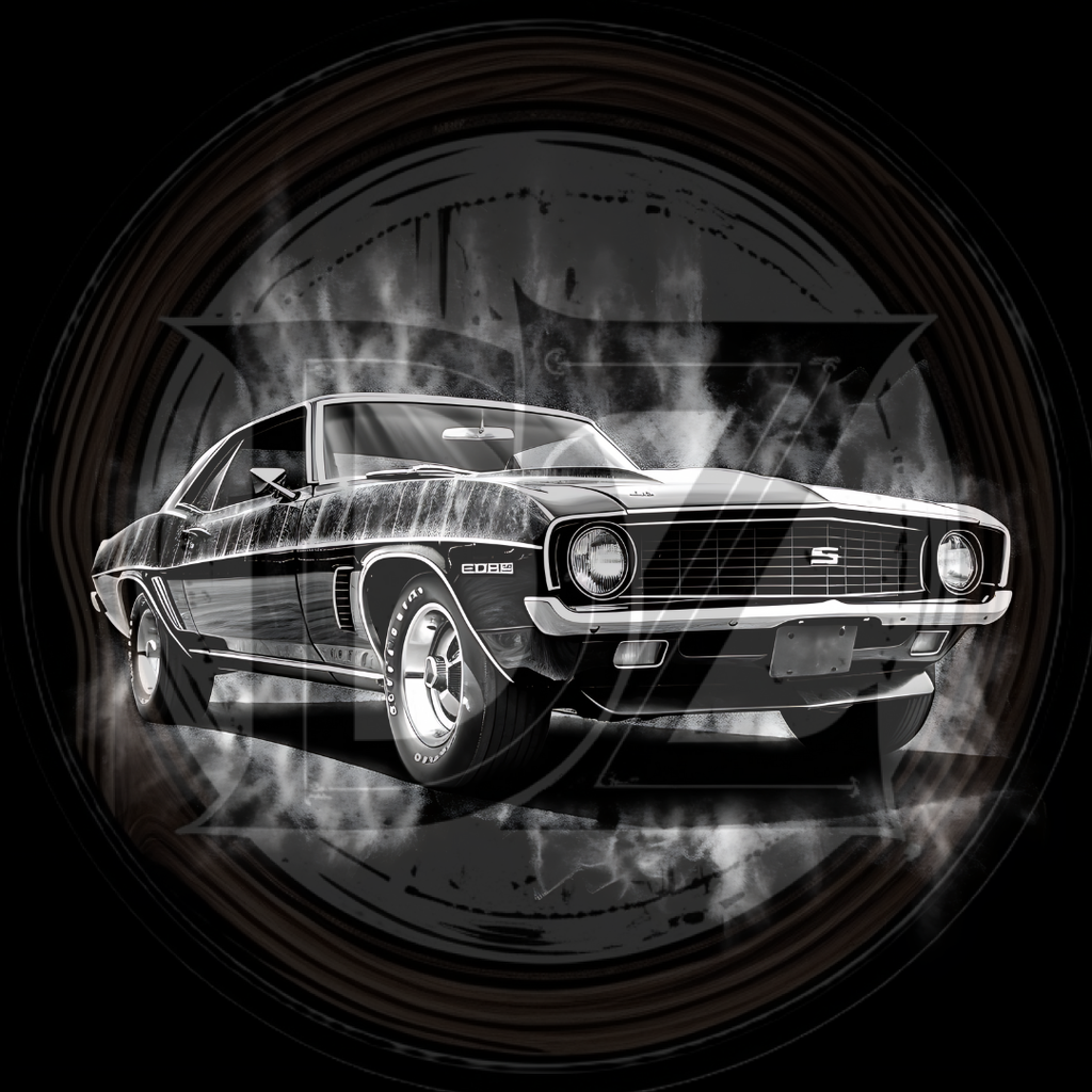 Black and white classic muscle car illustration on a dark background