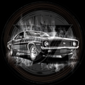 Black and white classic muscle car illustration on a dark background
