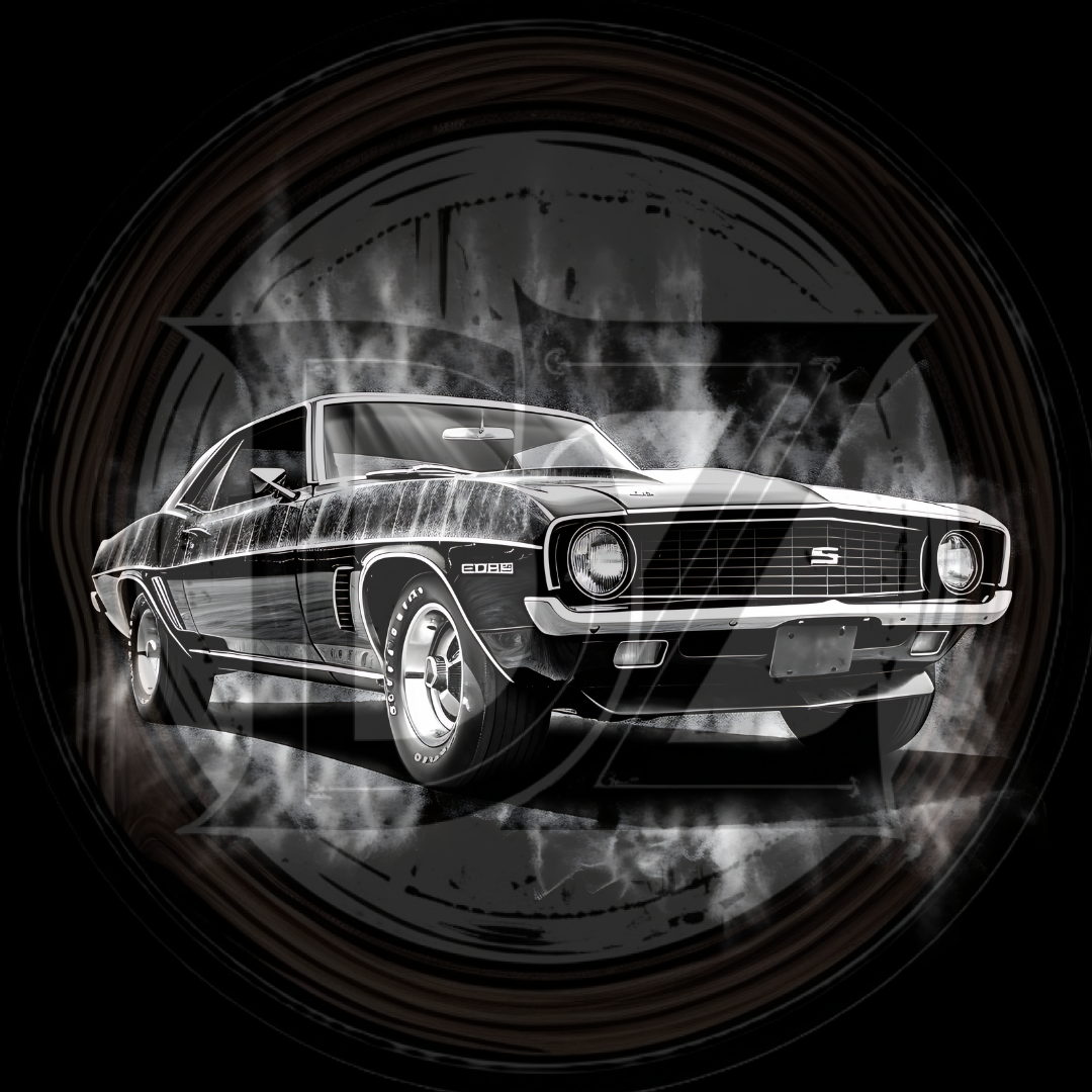 Black and white classic muscle car illustration on a dark background