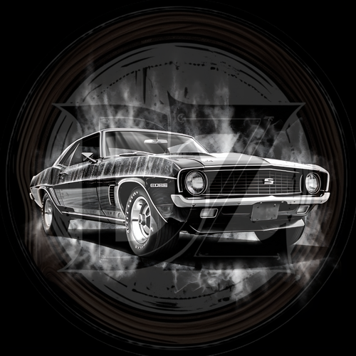 Black and white classic muscle car illustration on a dark background