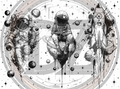 Illustration of astronauts, a rocket, and planets