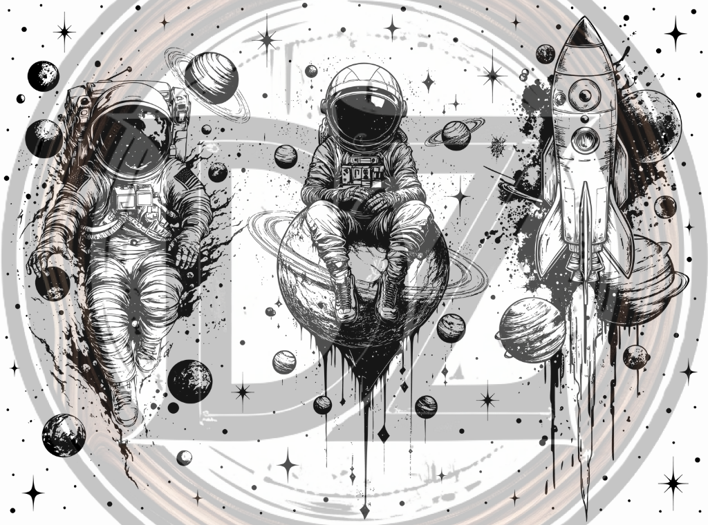 Illustration of astronauts, a rocket, and planets