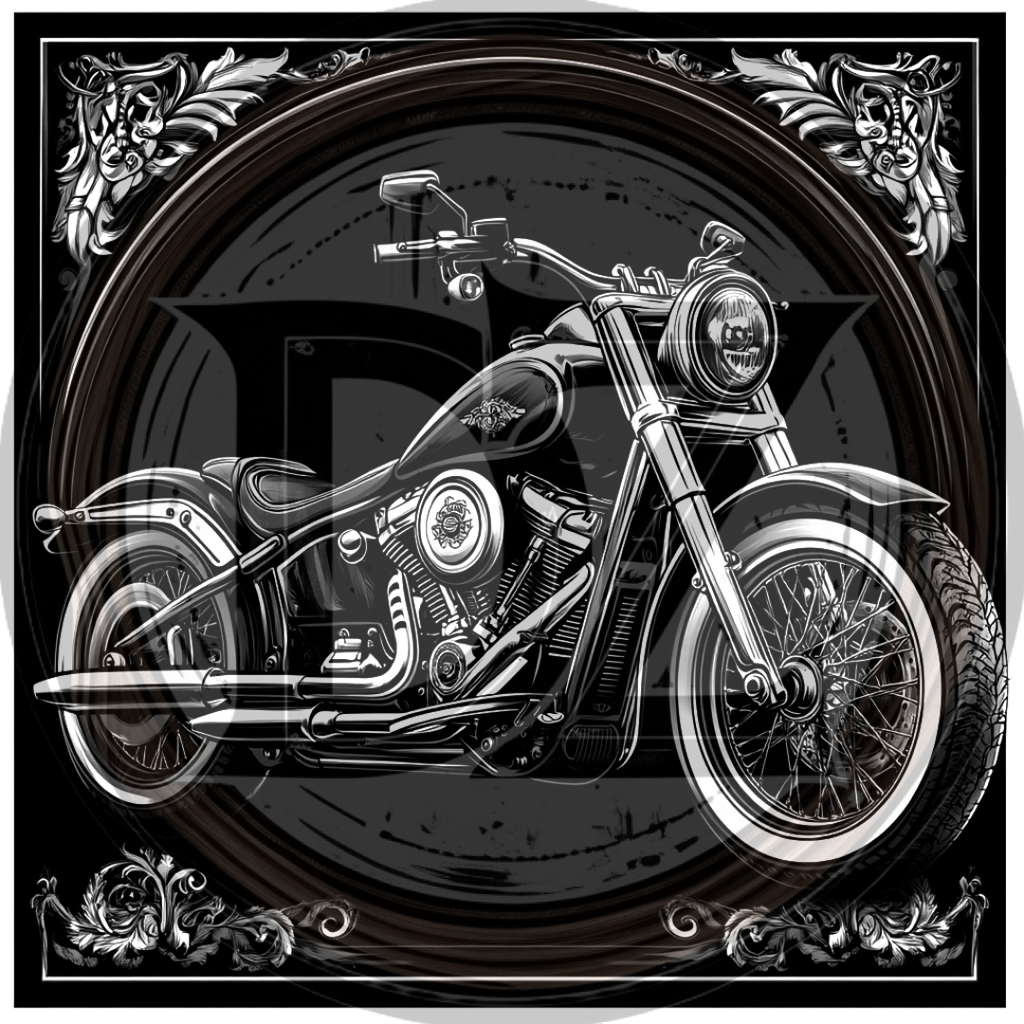 Black and white motorcycle illustration with decorative elements on a dark background