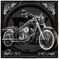 Black and white motorcycle illustration with decorative elements on a dark background