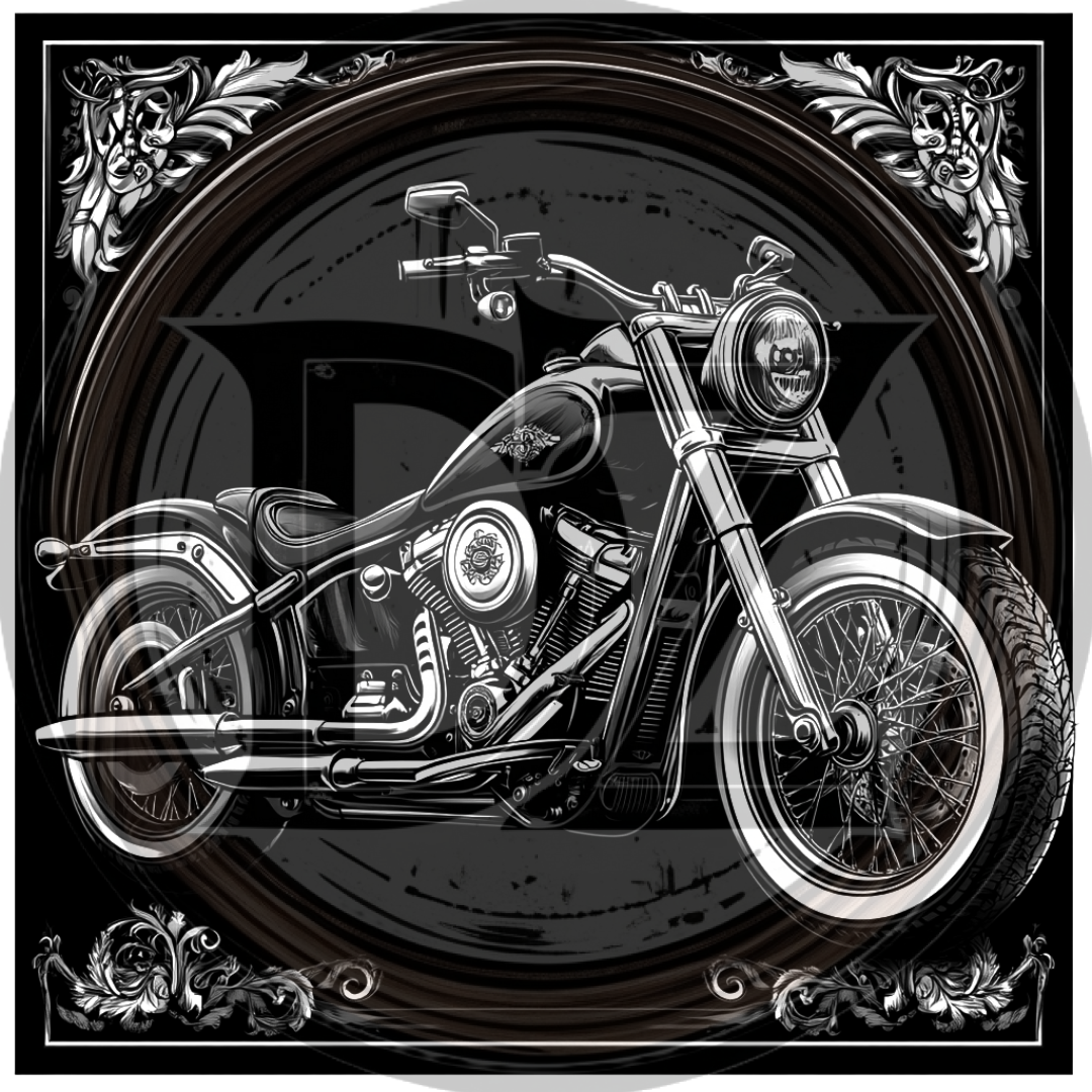 Black and white motorcycle illustration with decorative elements on a dark background