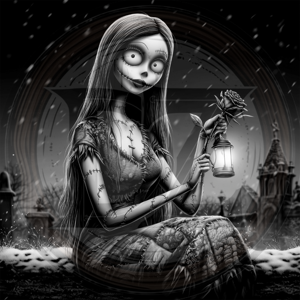 Animated character holding a lantern and a rose in a dark, gothic setting