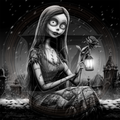 Animated character holding a lantern and a rose in a dark, gothic setting
