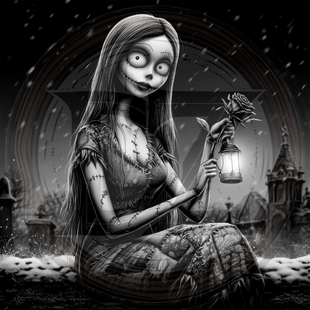 Animated character holding a lantern and a rose in a dark, gothic setting