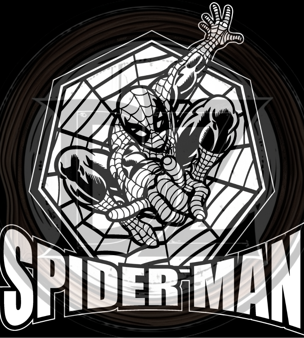 Black and white Spider-Man graphic with 'Spider-Man' text on a dark background