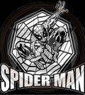 Black and white Spider-Man graphic with 'Spider-Man' text on a dark background