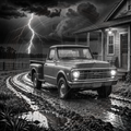 Vintage truck on a muddy road with a stormy sky and house in the background