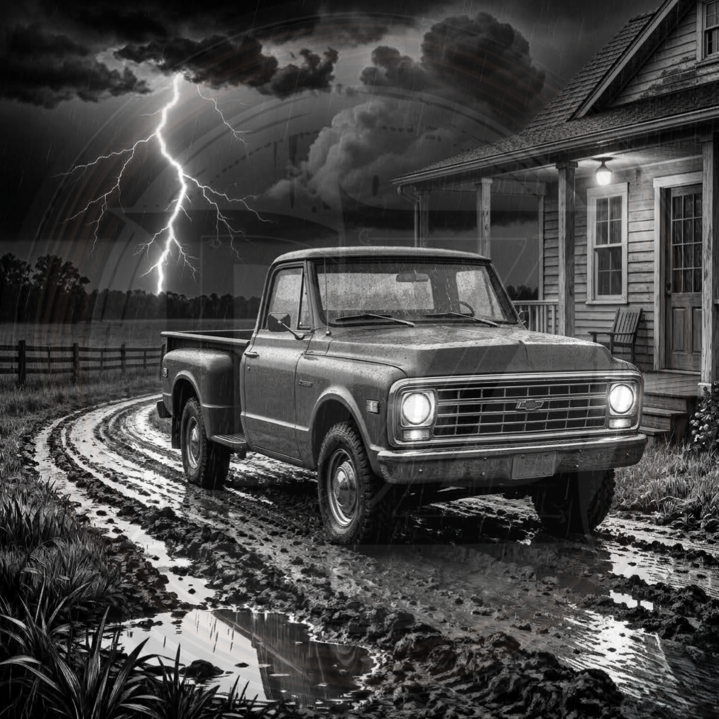 Vintage truck on a muddy road with a stormy sky and house in the background