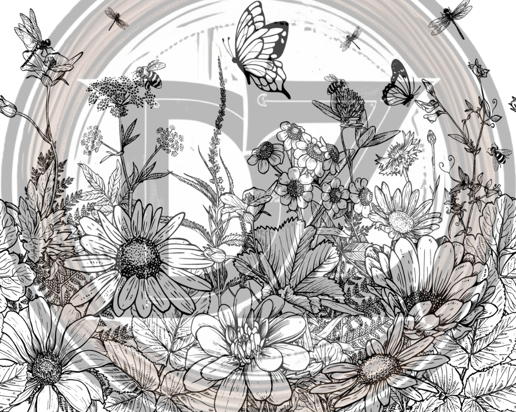 Black and white illustration of flowers and butterflies
