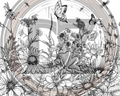 Black and white illustration of flowers and butterflies