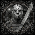 Person wearing a hockey mask and holding a knife in a dark, detailed setting