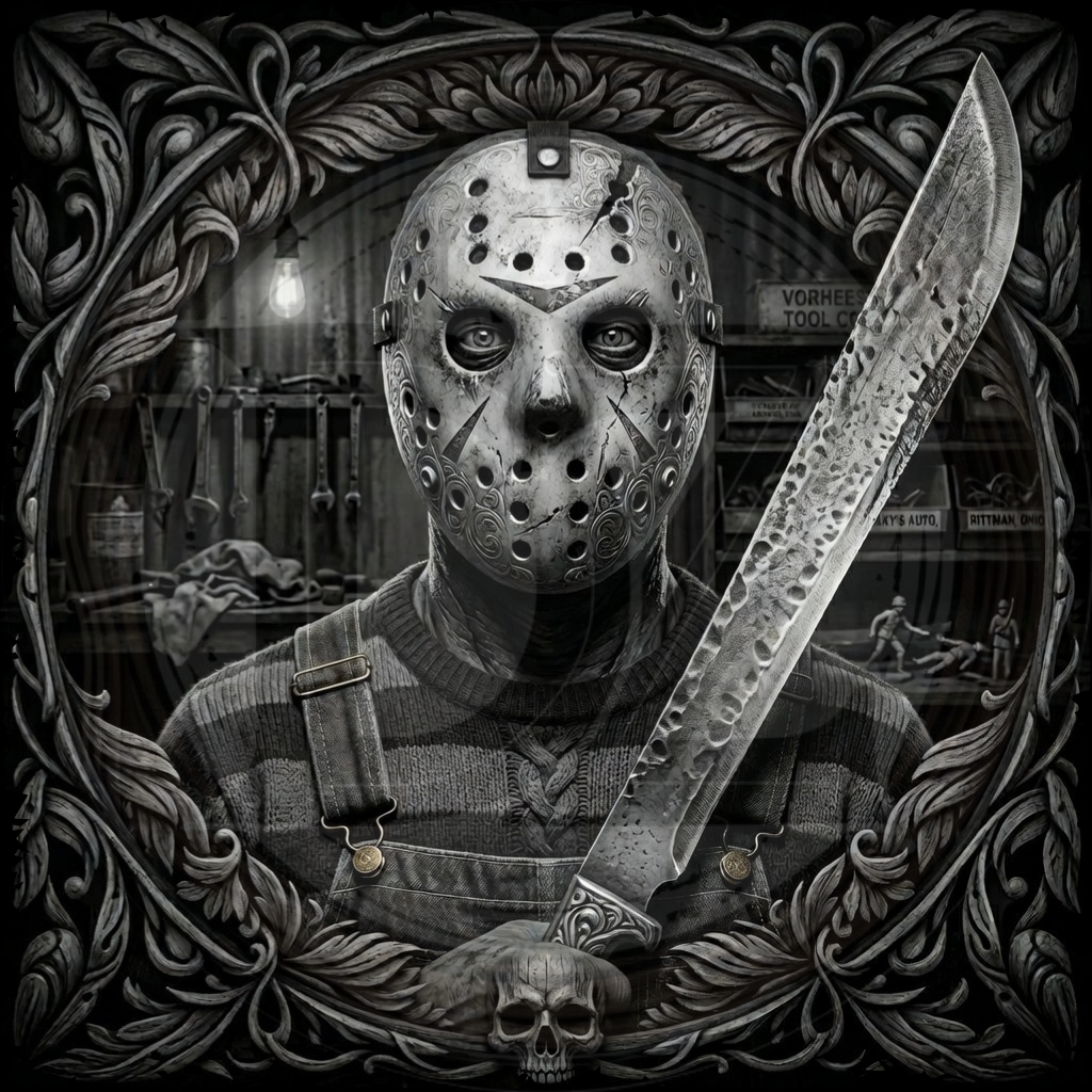 Person wearing a hockey mask and holding a knife in a dark, detailed setting