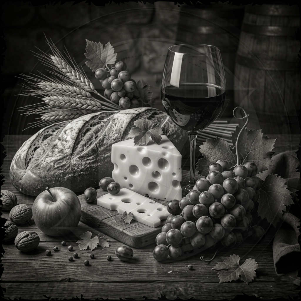 Still life with bread, cheese, grapes, and a glass of wine on a wooden surface.