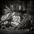 Still life with bread, cheese, grapes, and a glass of wine on a wooden surface.