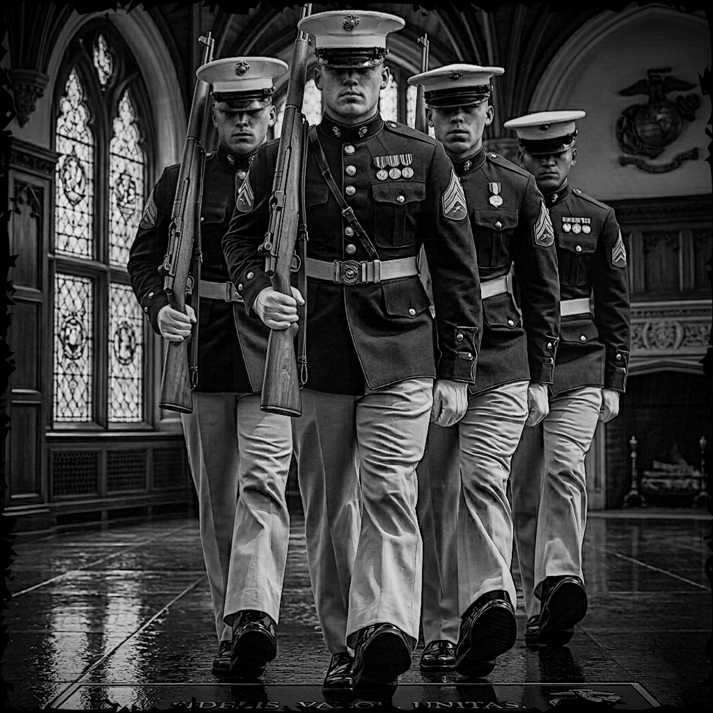Four military personnel in formal uniforms with rifles marching indoors.