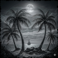 Black and white illustration of palm trees and a sailboat on a moonlit night.