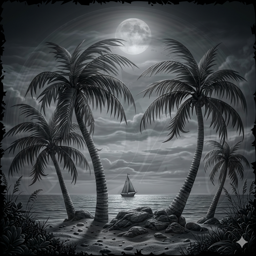 Black and white illustration of palm trees and a sailboat on a moonlit night.