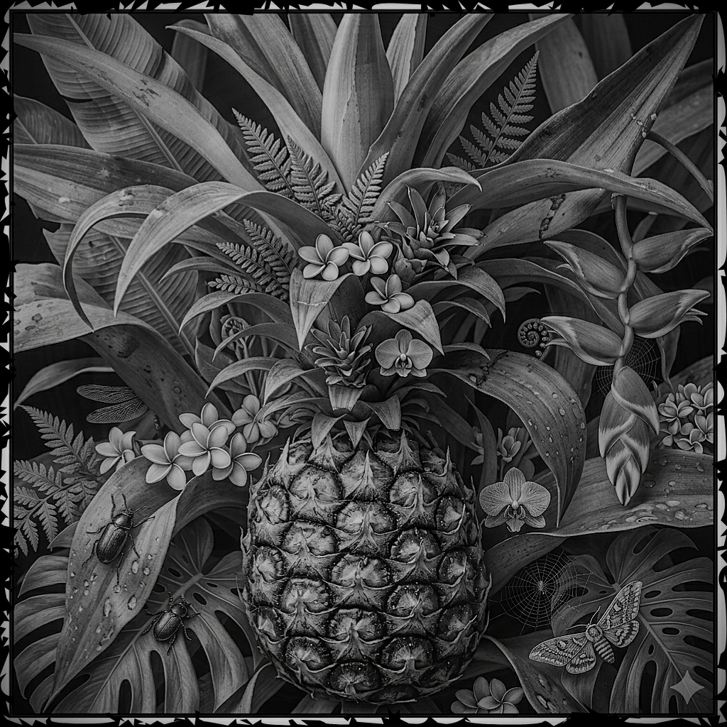 Black and white illustration of a pineapple surrounded by tropical leaves and flowers